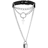 Sacina Gothic Punk Grunge Layered Cross Lock Choker Collar Necklace, PU Leather Collar, Goth Jewelry, Halloween Christmas Jewelry Gift for Women