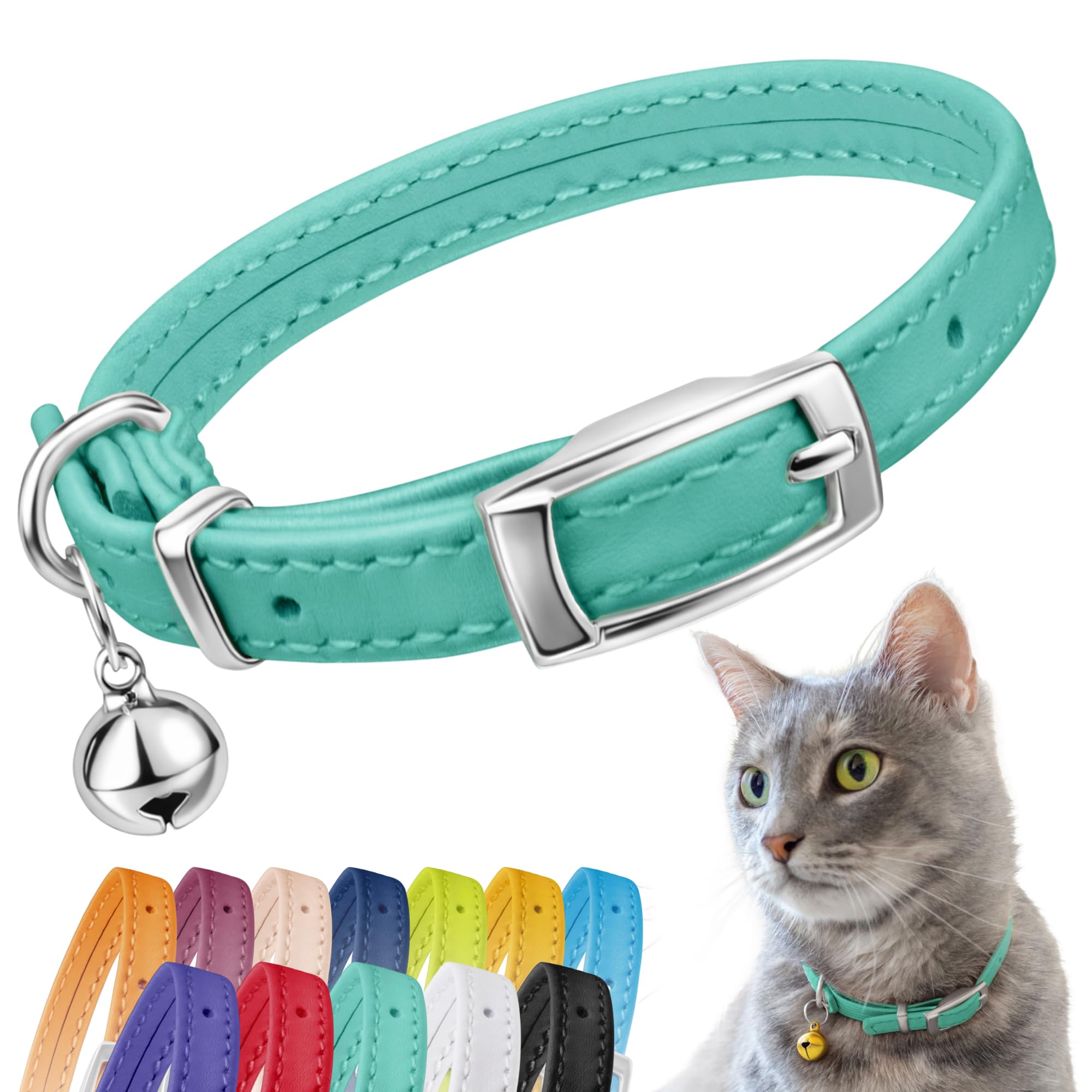 CollarDirect Leather Cat Collar with Removable Bell – Safety Kitten Collar with Elastic Strap (Mint Green, 15-18 cm) — image 1