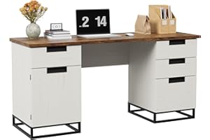 IDEALHOUSE 59-Inch Farmhouse Executive Desk – Home Office Computer Table in Brown & White with 3 Drawers, File Drawer, and St