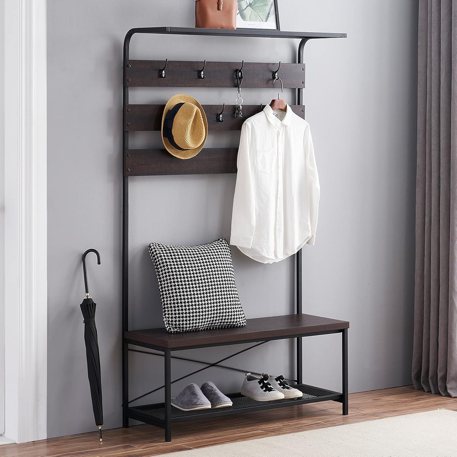 MHAOSEHU Entryway Coat Rack Bench, Modern Hall Tree with Storage Bench, Wood and Metal Hallway Bench with Coat Rack, Espresso 3-in-1 Design: Home Improvement