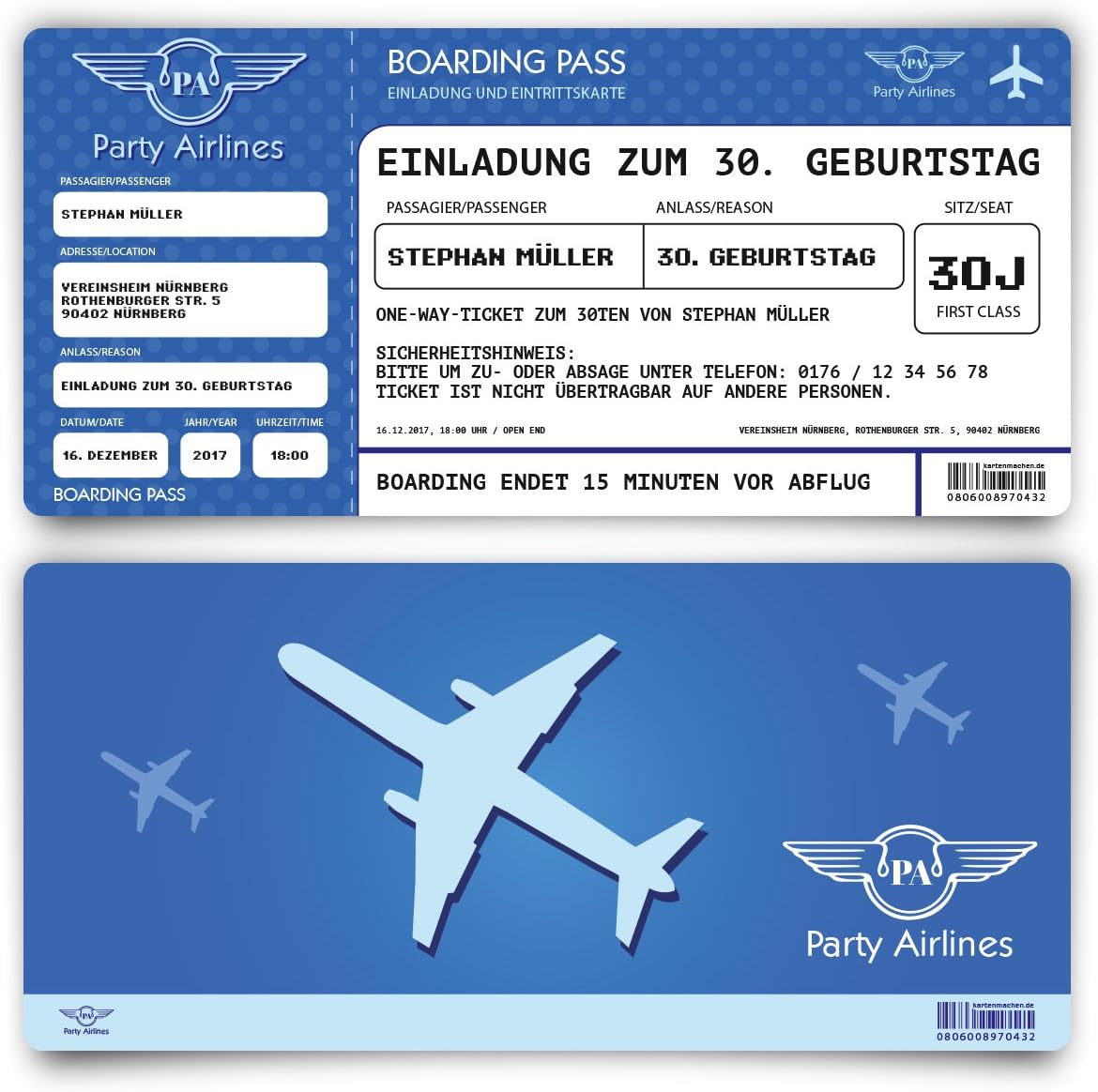 Einladungskarten Zum Geburtstag 60 Stuck Als Flugticket Ticket Karte Einladung In Blau Amazon De Burobedarf Schreibwaren