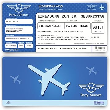 Einladungskarten Zum Geburtstag 10 Stuck Als Flugticket Ticket Karte Einladung In Blau Amazon De Burobedarf Schreibwaren