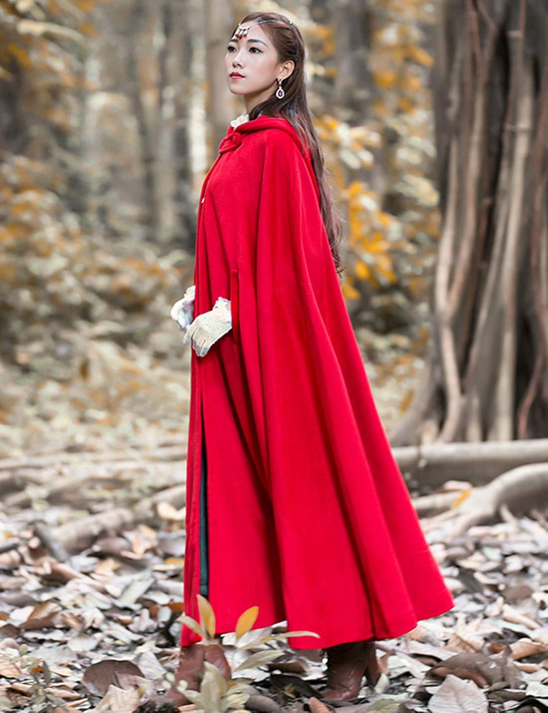 Gihuo Women's Wool Hooded Cape Solid Color Maxi Cloak Trench Coat (Black, One Size): Clothing