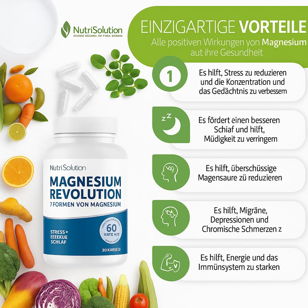 Magnesium Revolution von NutriSolution I Magnesium-Marin, Magnesium-Bisglycinat, Magnesiumcitrat, Vitamin B6 I Stressabbau, Energie, Schlafqualität I 60 Kapseln I 30 Tage Vorrat I Made in France 2