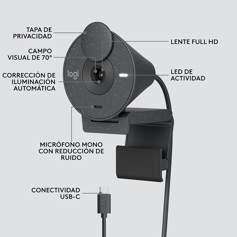 Webcam logitech brio 300 full hd, obturador de privacidade, microfone de redução de ruído, usb-c, certificação de zoom, microsoft teams, google meet, correção automática de luz, streaming - grafite