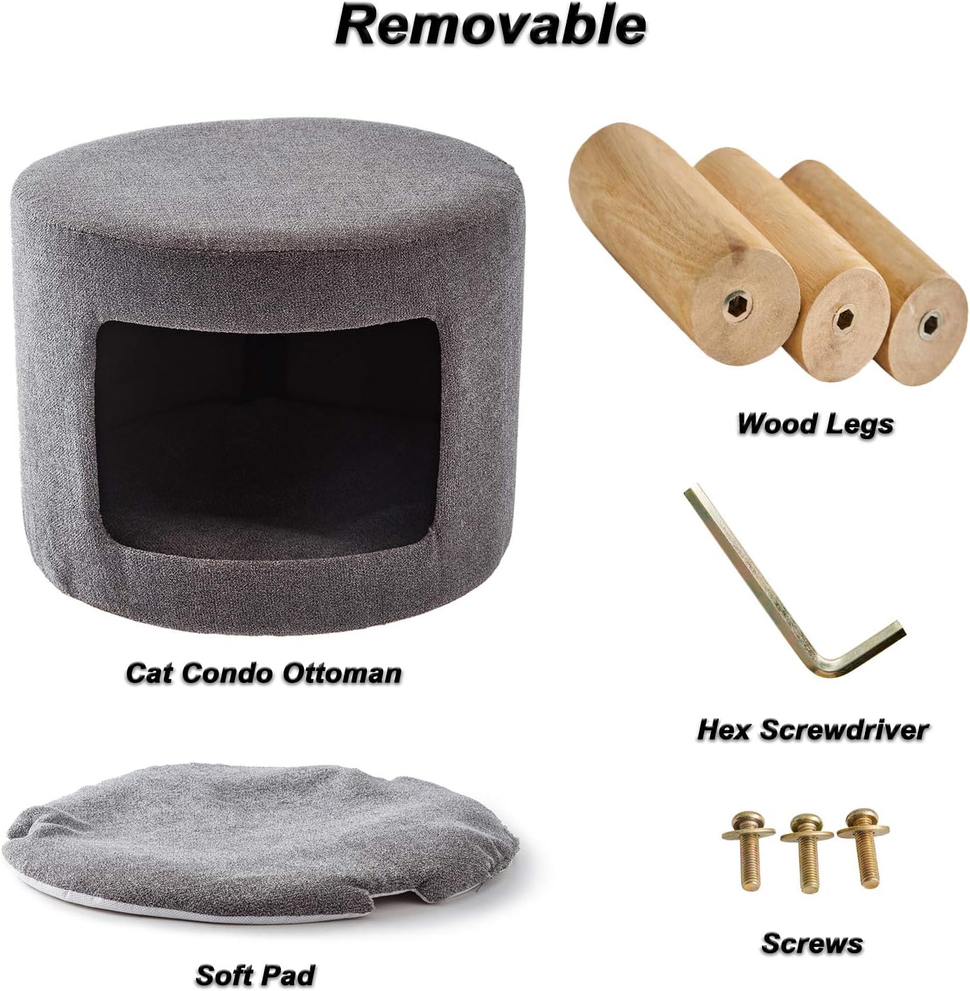 HuiDao Cat Condo Ottoman Round Foot Stool Ottoman with Cave and Inner Pad, Small Dog and Cat House Ottoman (Gray) : Pet Supplies
