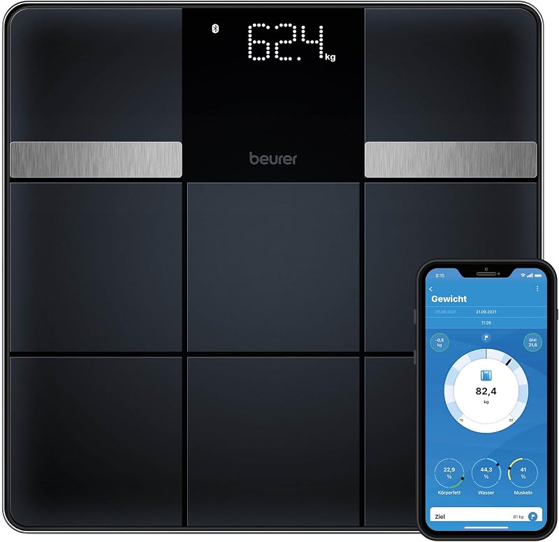 Balança pessoal Beurer BF 450 com ligação à aplicação, balança digital de gordura corporal com 17 valores de medição, estrutura de mosaico mate, 8 memórias de utilizador, 180 kg