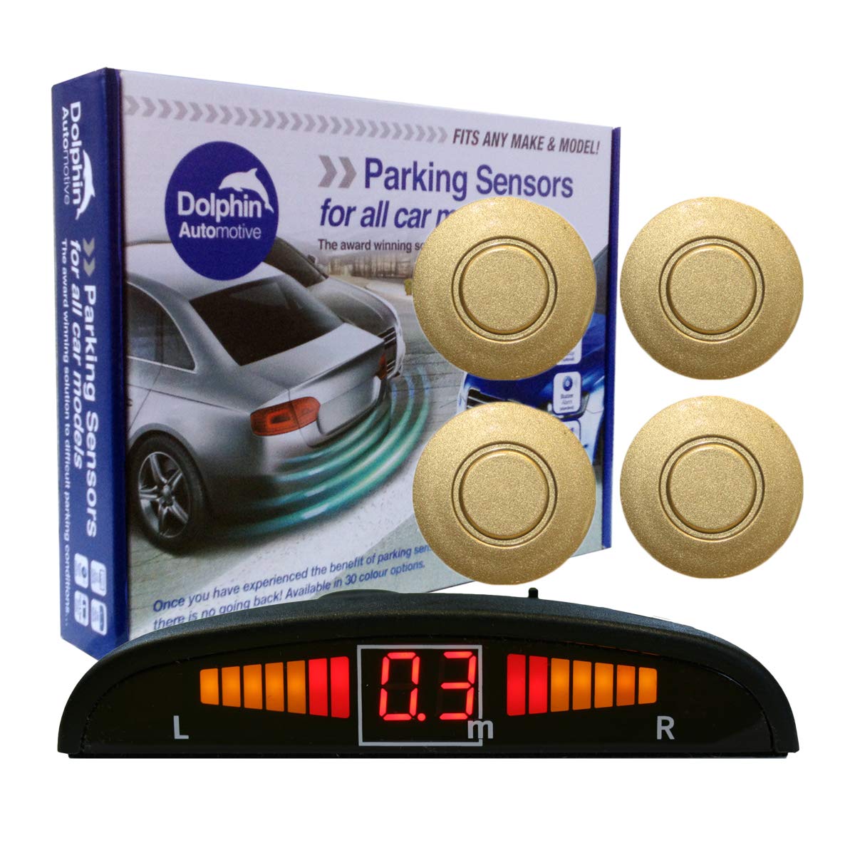 Dolphin Automotive DPS450 Reverse Parking Sensors In 32 Colours 4 Ultrasonic Radar Sensors Kit Audio & Display Alert System - Gold