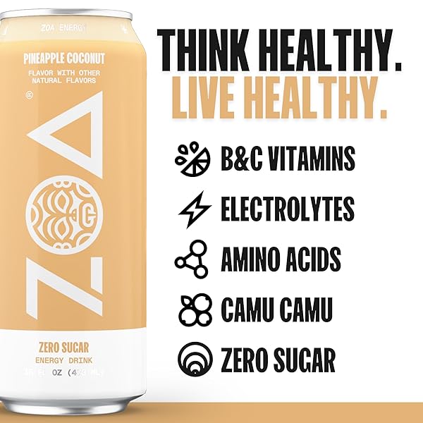 ZOA ZERO SUGAR ENERGY DRINKS, PINEAPPLE COCONUT – SUGAR FREE WITH ELECTROLYTES, HEALTHY VITAMIN C, AMINO ACIDS, ESSENTIAL B-VITAMINS, AND CAFFEINE FROM GREEN TEA – 16 FL OZ (12-PACK)