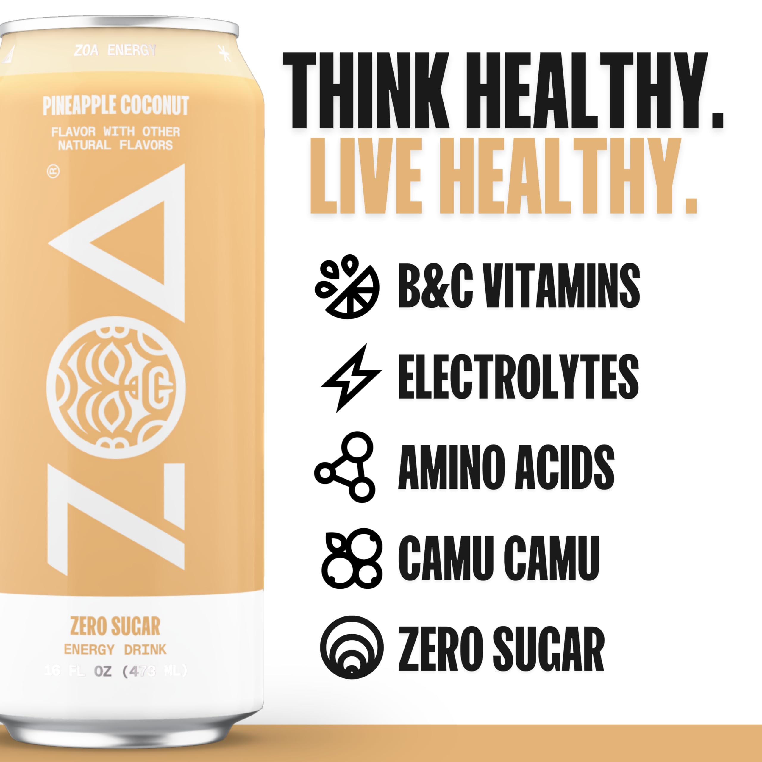 ZOA Zero Sugar Energy Drinks, Pineapple Coconut - Sugar Free with Electrolytes, Healthy Vitamin C, Amino Acids, Essential B-Vitamins, and Caffeine from Green Tea - 16 Fl Oz (12-Pack)