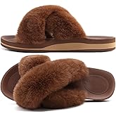 COFACE Womens Fuzzy Slides Fluff Faux Fur Cross Slippers Open Toe Yoga Mat House Slipper Sandals With Arch Support For Indoor/Outdoor