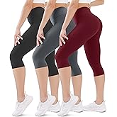 FEYHAY 3 Pack Capri Leggings for Women - High Waisted Yoga Pants with Pockets Workout Running Cycling