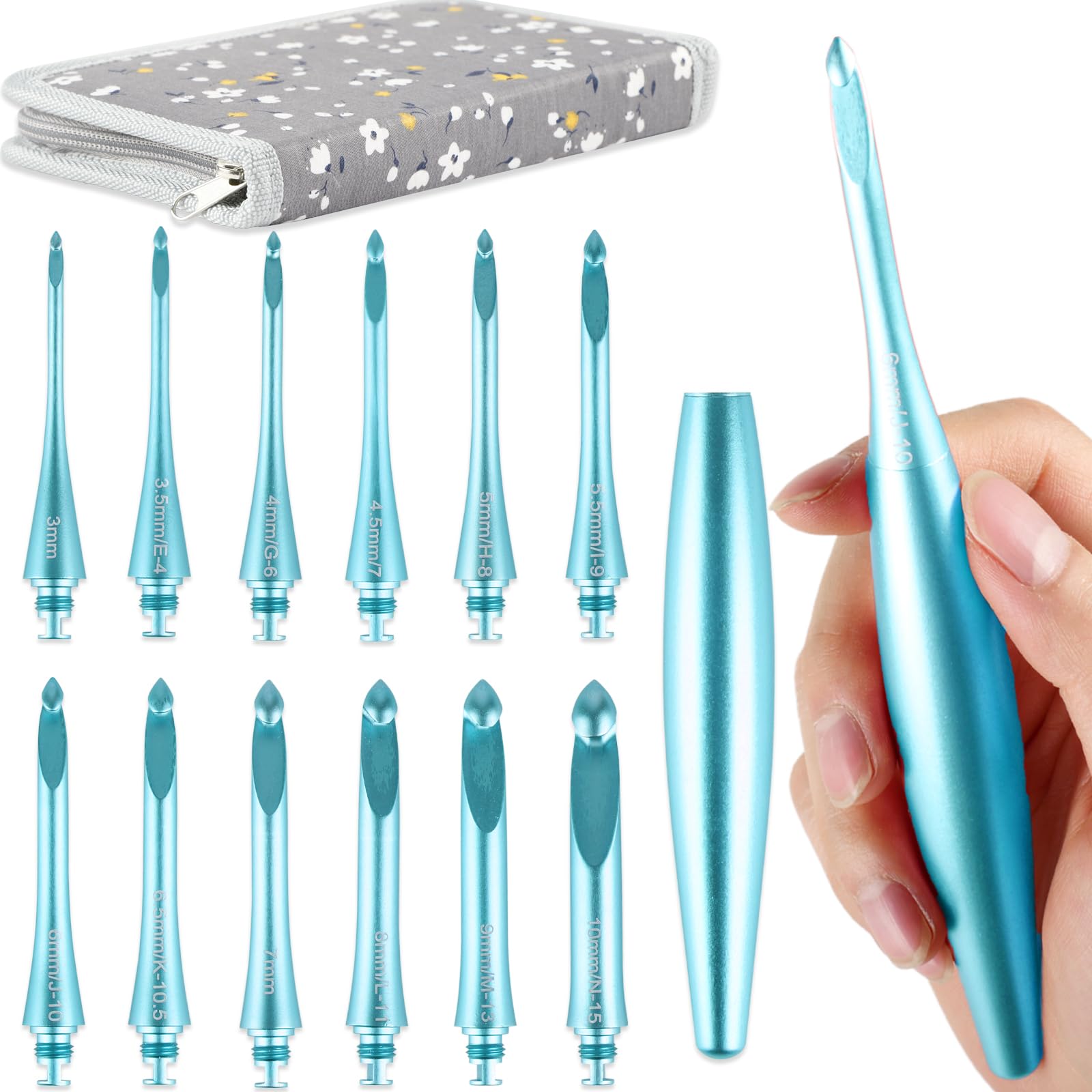 Photo 1 of Svartur Interchangeable Crochet Hook Set with 12 Hooks – Ergonomic Crochet Hooks Large Handle, US Sizes E-4 to N-15 (3mm–10mm), Smooth & Lightweight, Crochet Kit with Storage Case, Blue