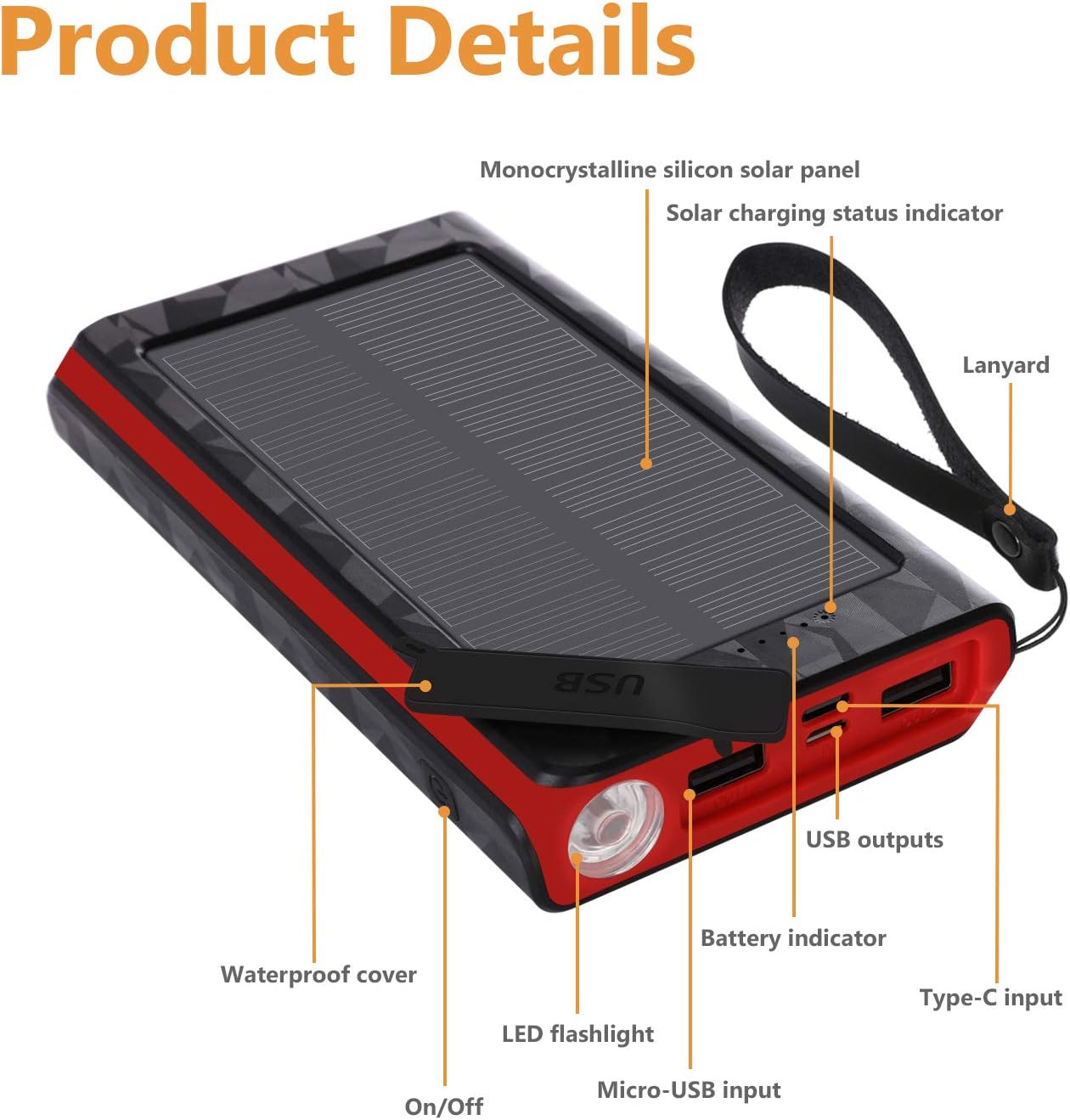 Solar Charger 20000mAh, Portable Phone Charger External Battery Pack, Compatible with iPhone Samsung Tablets & More, Type-C and Micro USB Inputs, 3 Outputs, Flashlight, Lanyard, IP54 Rainproof: Electronics