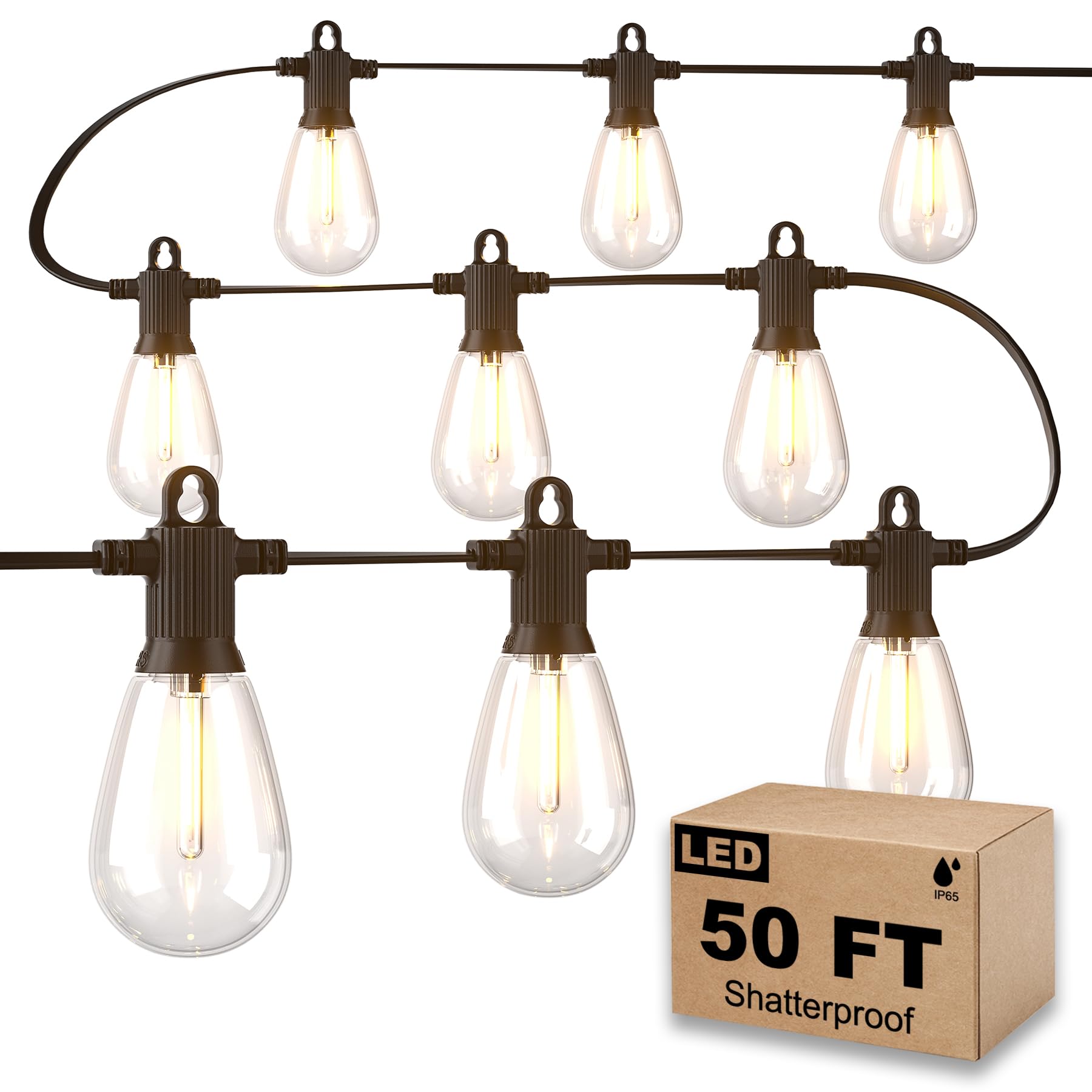 Photo 1 of Zuske 50FT LED Outdoor String Lights with 15 Shatterproof Edison Bulbs, 2700K Commercial Grade IP65 Waterproof Patio Lights, Heavy Duty Outside Hanging Lights for Backyard, Balcony, Garden, Porch