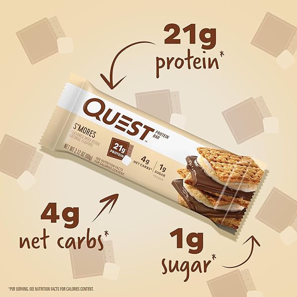 QUEST NUTRITION S’MORES PROTEIN BARS, 21G PROTEIN, 1G SUGAR, 4G NET CARB, GLUTEN FREE, KETO FRIENDLY, 12 COUNT