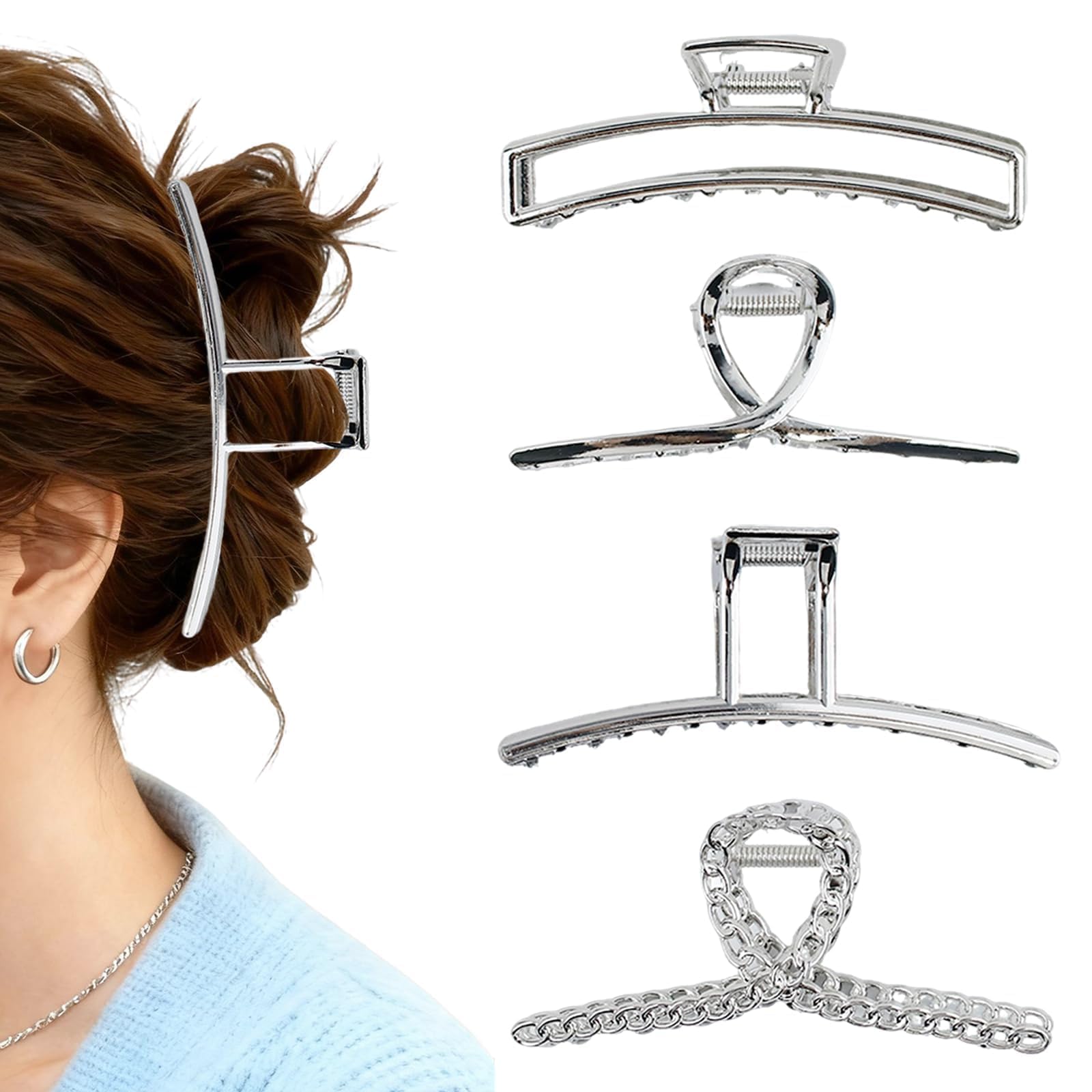 Photo 1 of * missing one piece *
4 Pcs Large Metal Hair Claw Clips for Women, Non-slip Claw Clips with Strong Hold Jaw, Fashion Accessories for Thin Thick Long Curly Hair (Silver2)