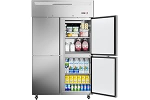 FERUEO Commercial Refrigerator 48"W 4 Door Stainless Steel Reach-in Solid Door Upright Fridge Fan Cooling 36 Cu.ft Refrigerators 33-41°F for Restaurant, Bar, Shop