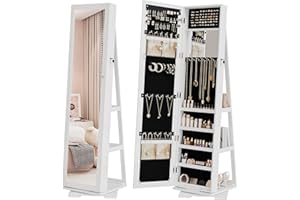 Bonnlo 360° Swivel Jewelry Mirror Cabinet with Inside Makeup Mirror,Full Length Mirror with Jewelry Storage, Lockable Standing Jewelry Armoire Organizer, Espejo Oon Almacenamiento for Bedroom,White
