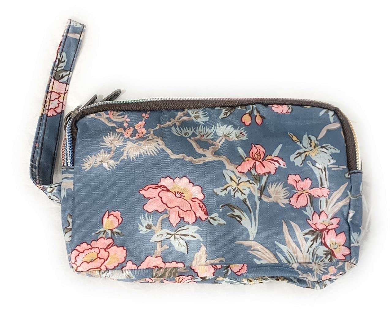 Fun PVC Canvas Wallet Purse Pouch Triple Zip w/Wrist Strap Wristlet Clutch Bag Xmas Bday Gift (Dusty Blue Floral)