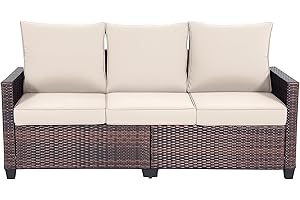 EORTHEX OUTDOOR FANCY EortheX Outdoor Patio Sofa, 3-Seat Rattan Wicker Couch for Garden Deck or Porch, Comfortable All-Weather Patio Furniture with Anti-Slip Cushions (Beige)