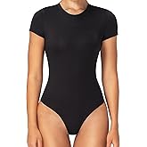 Sunzel Bodysuits for Women with Tummy Control- Crew Neck Short Sleeve Thong Body Suits Sexy Compression T shirts Tops