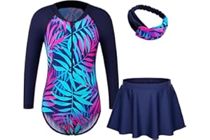 BAOHULU Girls One Piece Swimsuit Long Sleeve Beach Bathing Suit UPF 50+ Sun Protection Rashguard Swimwear with Hairband & Shorts