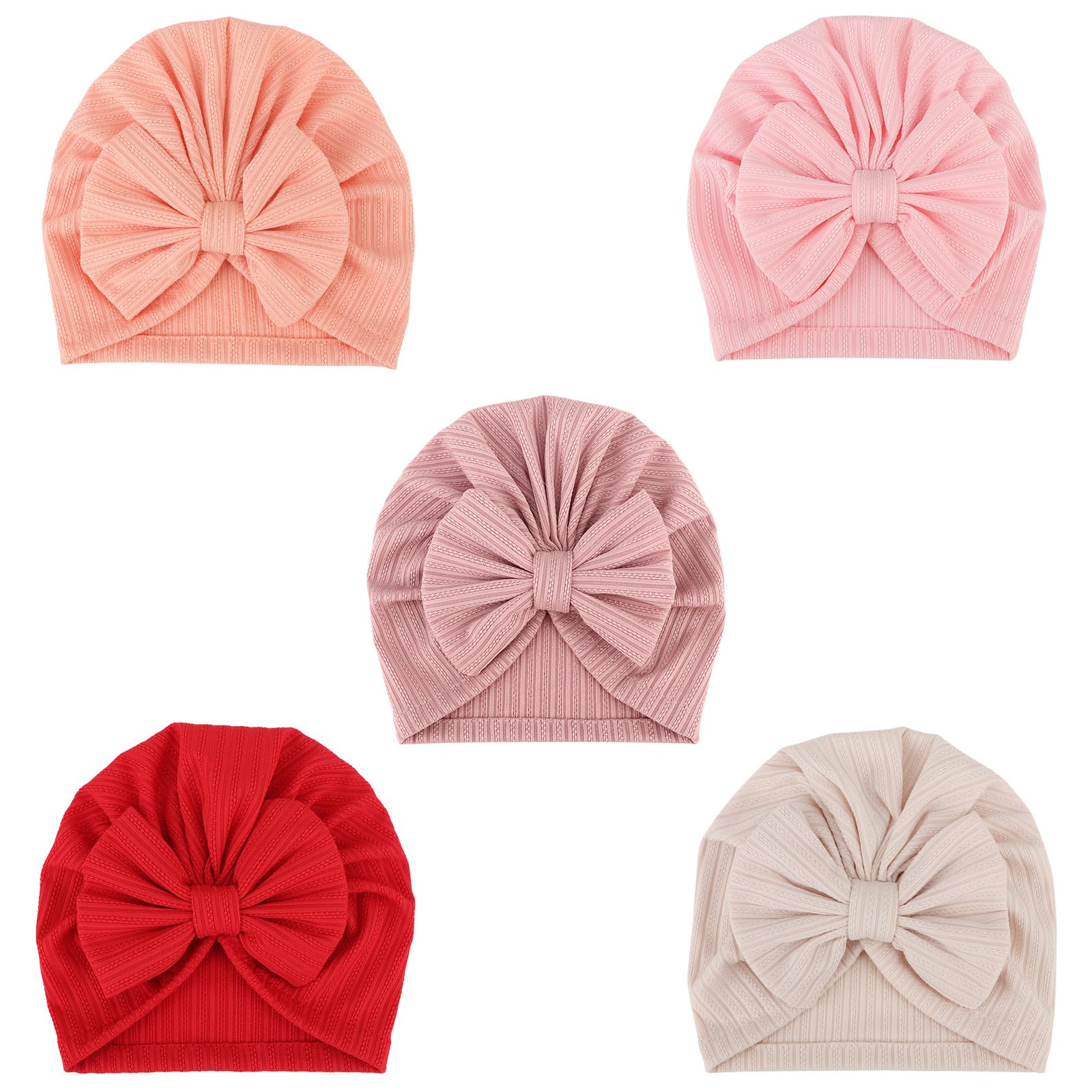 Photo 1 of DRESHOW BQUBO 5 Pieces Soft Newborn Baby Turban Nursery Hospital Bow Hats Baby Infant Beanie Toddler Cap for Baby Girls