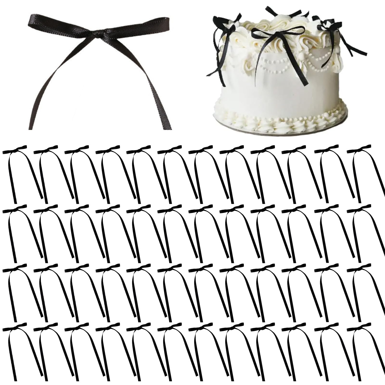 50 Pcs Bow Cake Toppers for Wedding Anniversary Baby Shower Party Christmas Anniversary Decorations Bow Cupcake Toppers Black Cake Decorations Dessert Picks Coquette for Kids Girls Women Black