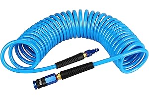 EADUTY Heavy Duty Polyurethane Recoil Air Hose 1/4 in x 25 ft, Lightweight, Flexible Compressor Hose with Universal Quick Coupler, Plug and Bend Restrictors, Blue