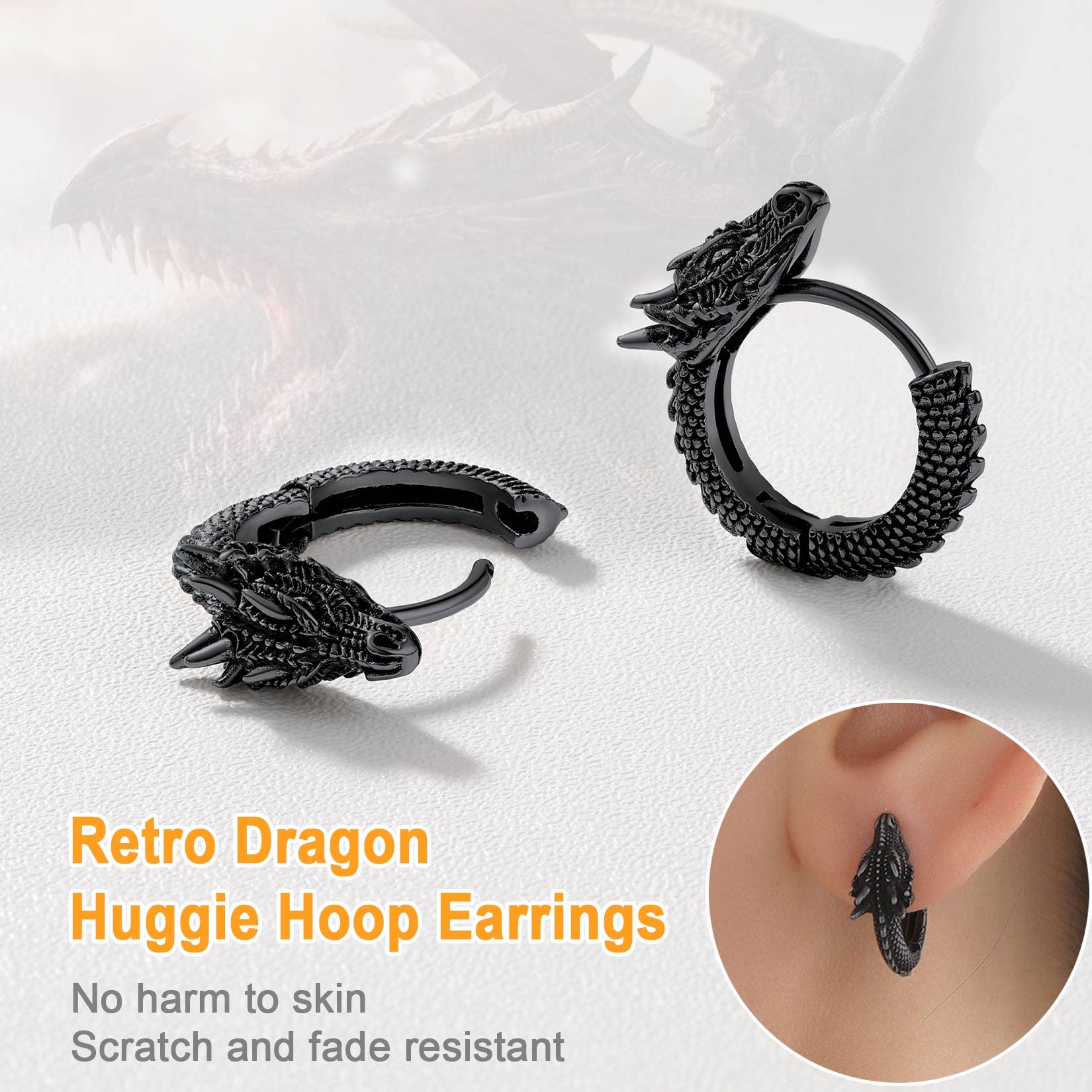 U7 Dragon Earrings Stainless Steel/18K Gold/Black/S925 Sterling Silver Hoop Earrings for Men Women, Personalized Punk Rock Huggie Earrings, Hypoallergenic