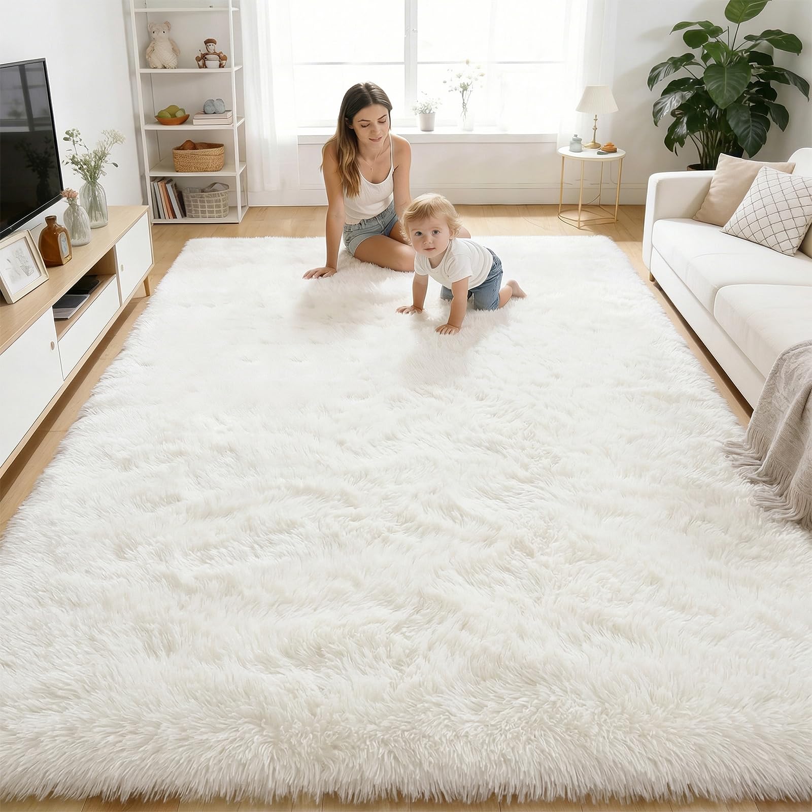 Photo 1 of OLANLY Area Rugs for Living Room Bedroom, Machine Washable 4x5.9 ft Soft Fluffy Shaggy Bedside Rug, Indoor Floor Carpet for Kids Girls and Boys, Dorms, Nursery Rooms, Home Decor Aesthetic, Ivory