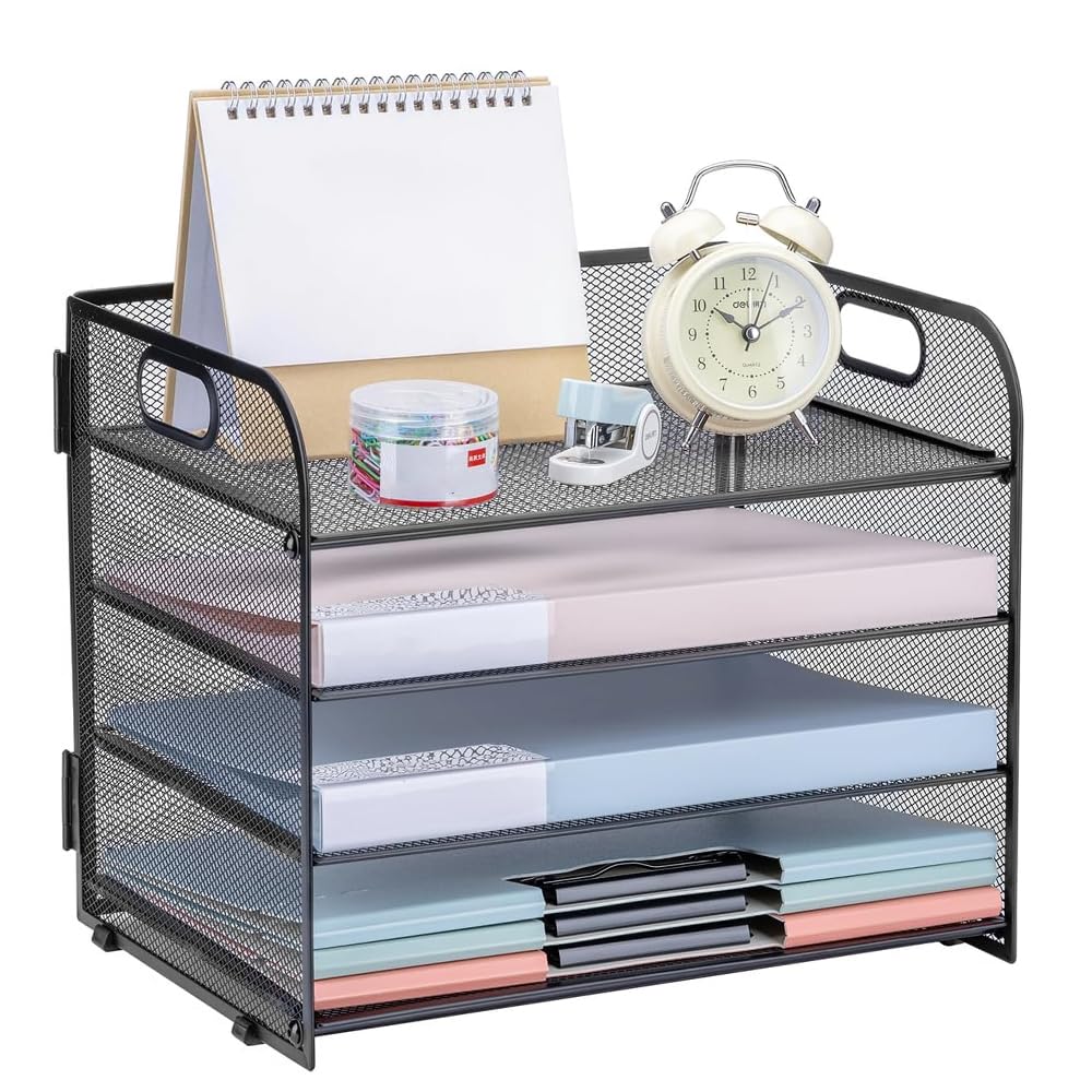 HEKOBAG 4 Tier Paper Organizer with Handle, Letter Tray Organizer Pull-out Mesh File Storage Rack for A4 Office Supplies