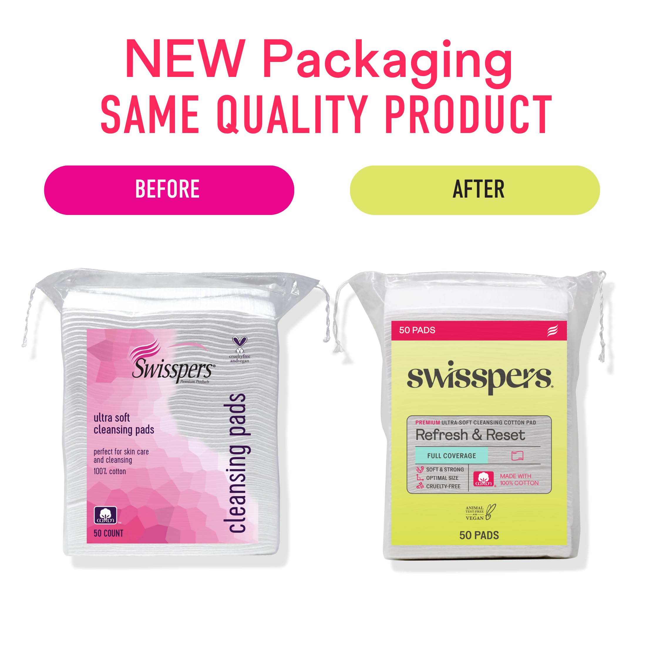 Swisspers Refresh and Reset Facial Cleansing Cotton Pads - 100% Natural Fiber, Ultra-Soft Beauty Essentials for Women & Men - Cruelty-Free, Paraben-Free Skincare Application Squares (50 Count) 3 Pack