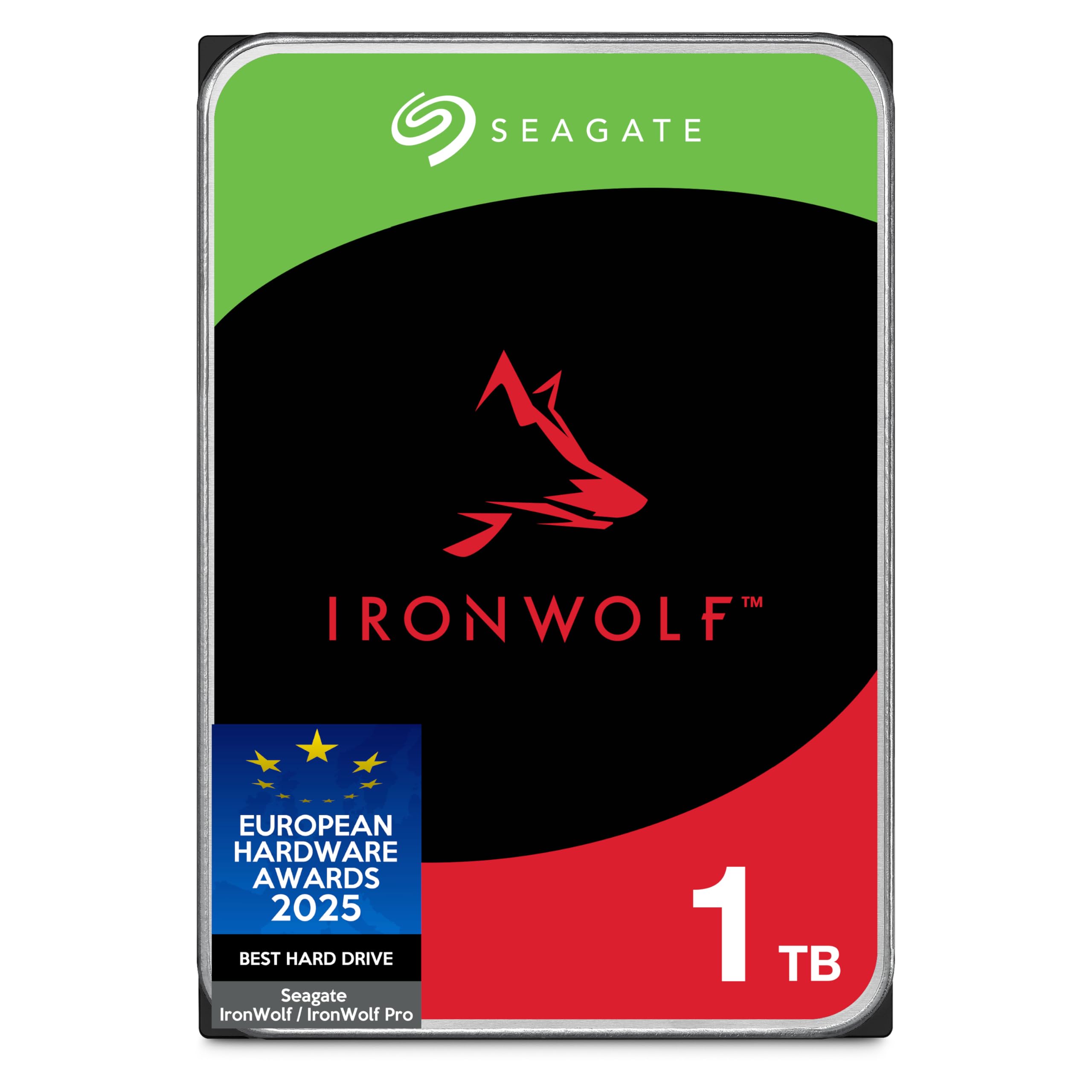 Seagate IronWolf 1To, Disque dur interne NAS HDD, CMR 3.5 Pouces, SATA 6Goit/s 5400 tr/min, 64 Mo de mémoire cache, pour NAS RAID, Ouverture Facile, Services Rescue (ST1000VNZ08)