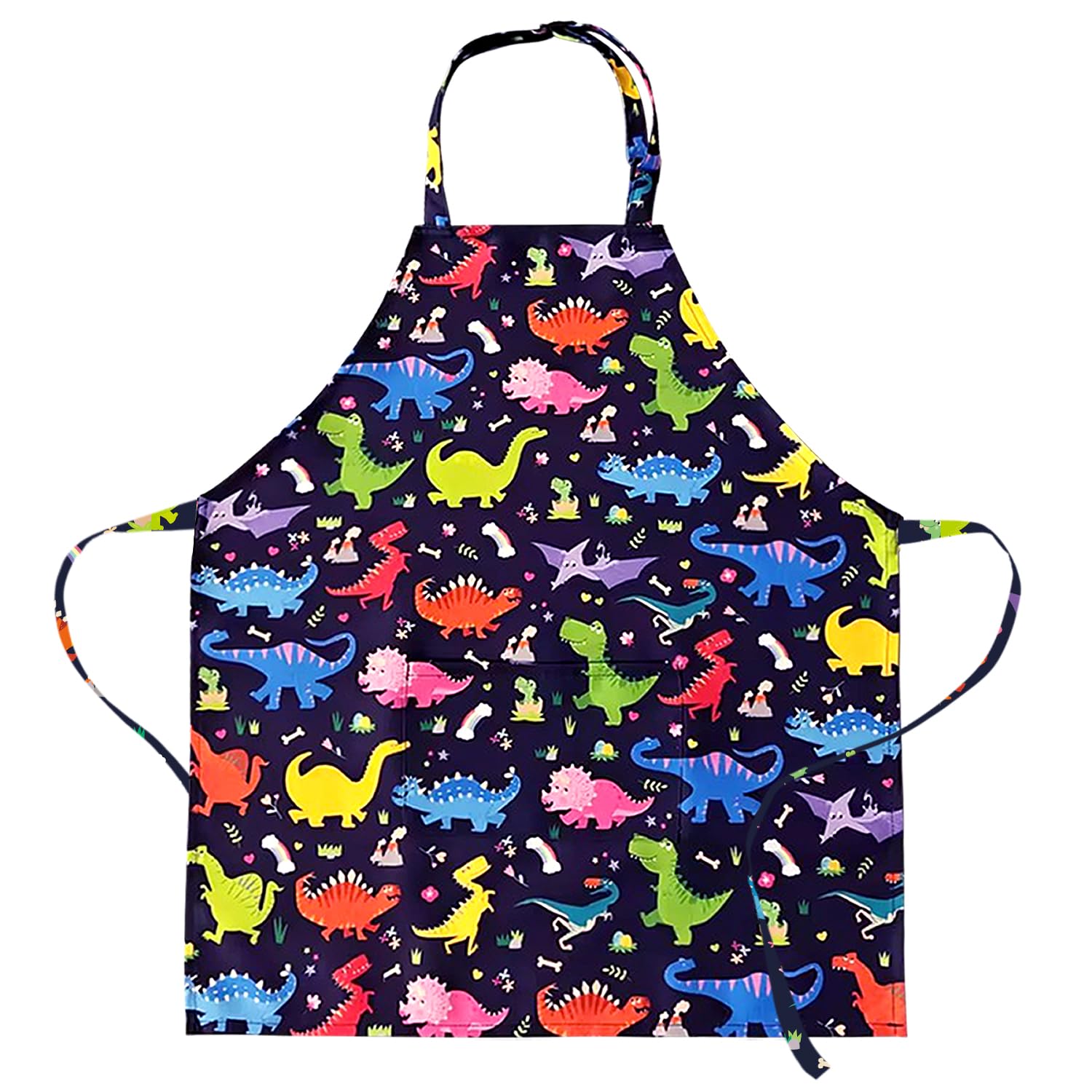 DECOWALL AP-003 Dinosaur Kids Apron – Adjustable Children’s Cooking, Baking, Painting & Craft Apron with Pocket for Boys & Girls – Fun Kitchen Gift for Little Helpers