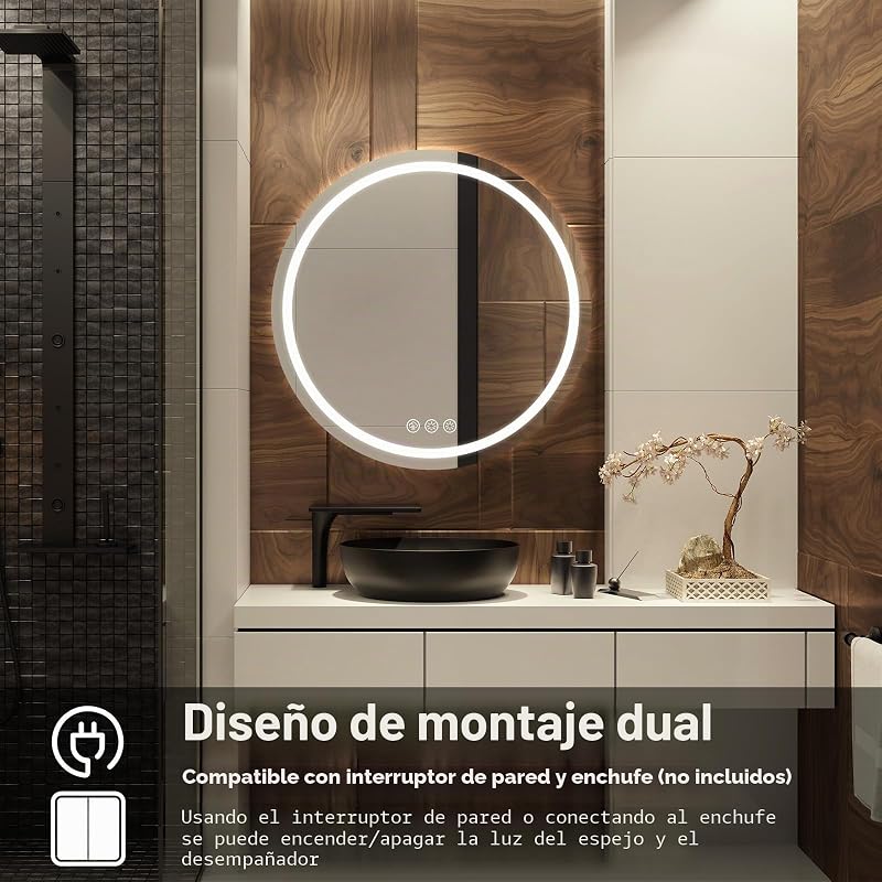 Espelho de casa de banho LED de 60 cm com luz redonda, luz de 3 cores, antiembaçador — foto 6 de 8