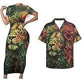 Hdjxbdhsv Jamaican 2 Piece Set Couple Outfits Women Jamaica Flag Short Sleeve Skinny Slim Dress Men's Shirt