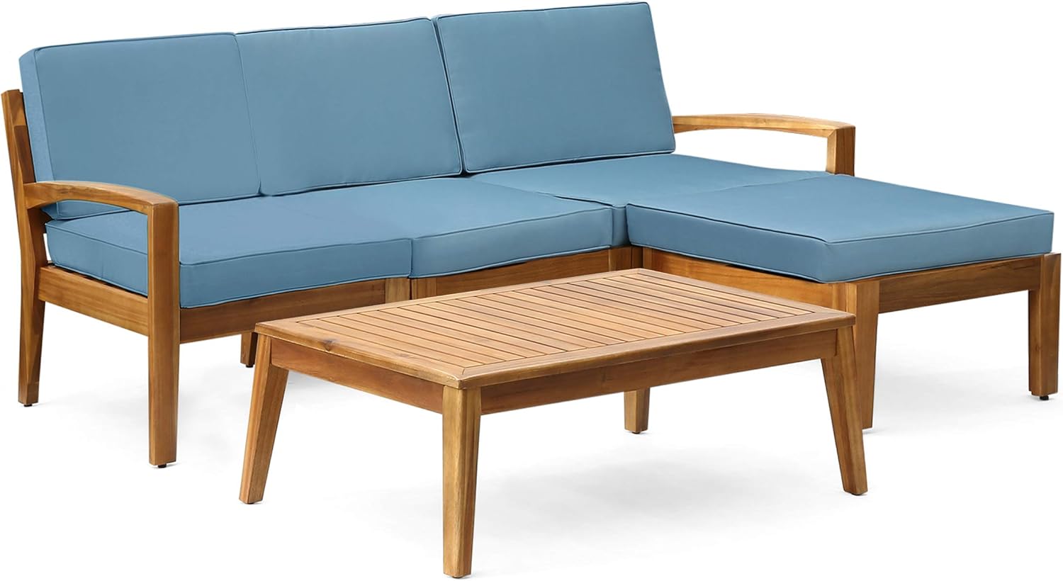 Grenada Sectional Sofa Set | 5-Piece 3-Seater | Includes Coffee Table and Ottoman | Acacia Wood Frame | Water-Resistant Cushions | Teak and Blue