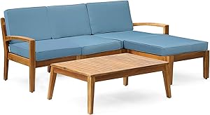 Grenada Sectional Sofa Set | 5-Piece 3-Seater | Includes Coffee Table and Ottoman | Acacia Wood Frame | Water-Resistant Cushions | Teak and Blue