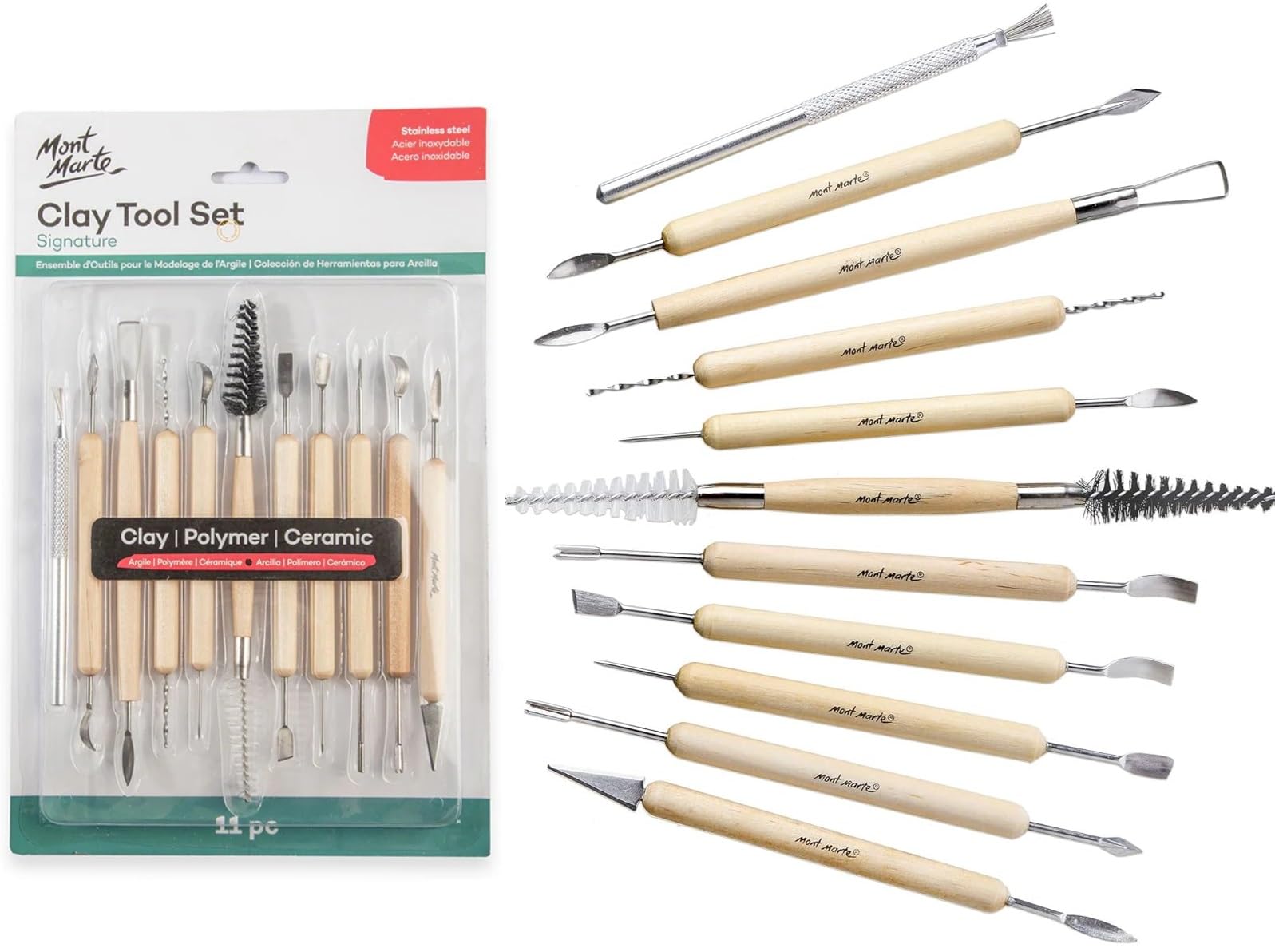 MONT MARTE Modelling Tools Set - 11 Sculpting Tools in different sizes and shapes - Ideal for working with Clay, Polymer, Ceramic and more