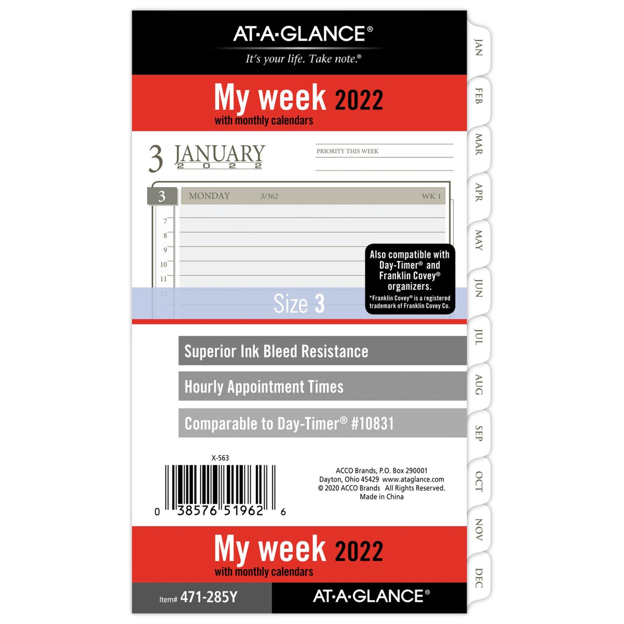 2022 Weekly & Monthly Planner Refill by AT-A-GLANCE, 10831 DAY-TIMER, 3-3/4" x 6-3/4", Size 3, Portable Size, Loose-Leaf (471-285Y)
