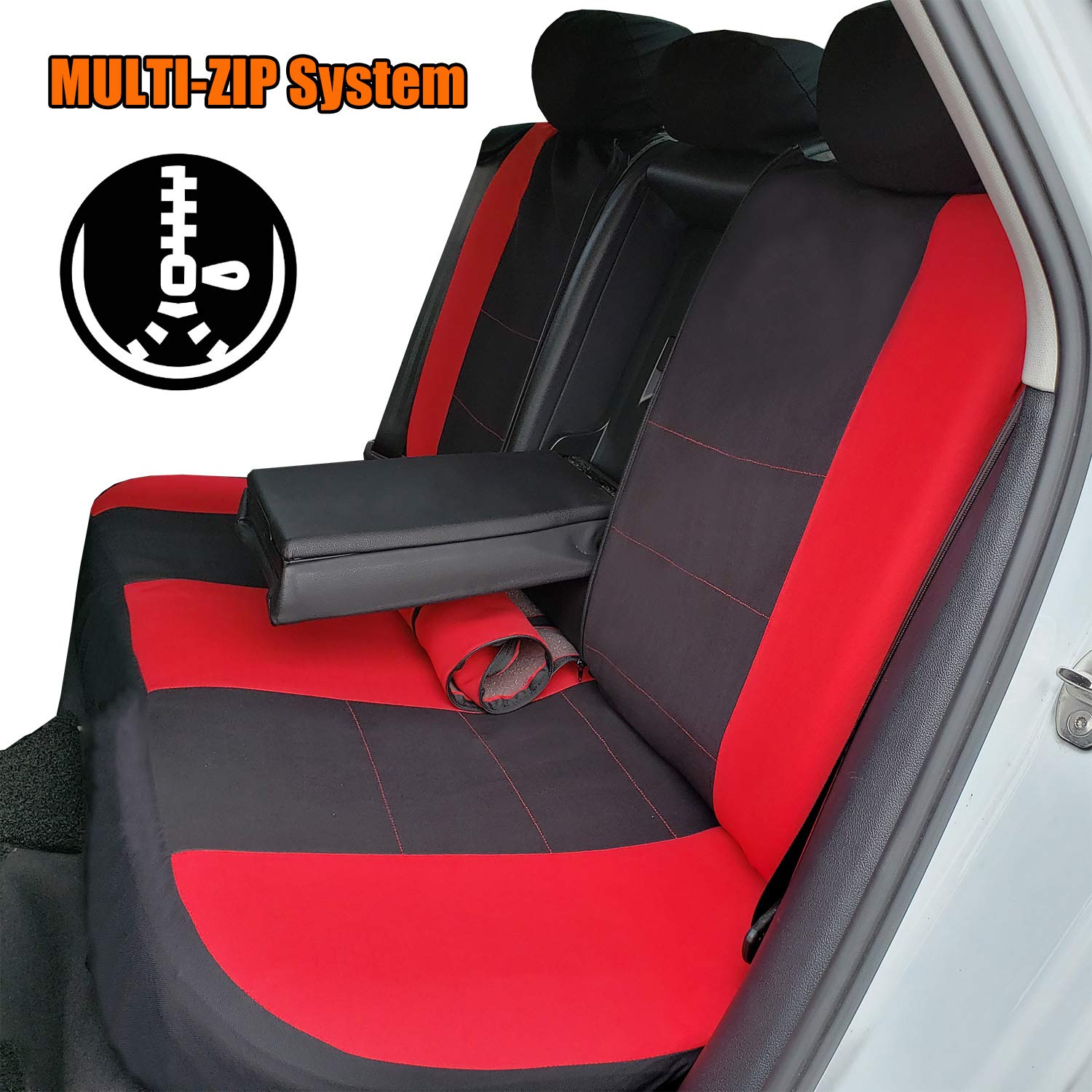 Full Coverage Car Seat Covers, Full Set Seat Covers of 5 Detachable Headrests and Solid Bench, Universal Auto Seat Protector Fit Most Car, Truck, SUV, or Van, Non Slip, Airbag & Split Ready, Black&Red