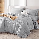 MUXHOMO 7 Pieces Queen Comforter Set, Seersucker Bed in a Bag Queen Size, All Season Luxury Bedding Set with Comforter, Flat Sheet, Fitted Sheet, Pillowcases & Shams, Light Grey