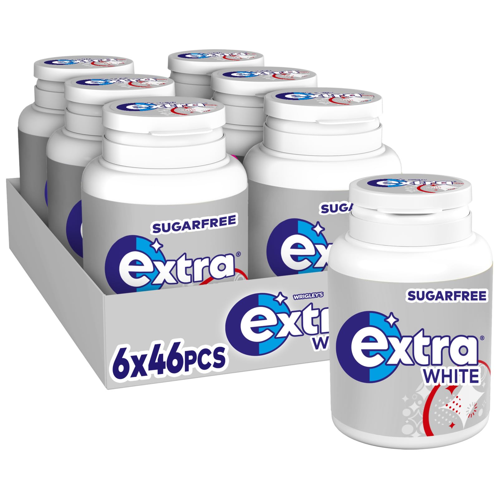 Wrigley's Extra White Chewing Gum, Classic Mint Flavour, 6 Bottles of 46 Pieces, Sugar Free Chewing Gum Bulk Pack with Xylitol (276 pieces)