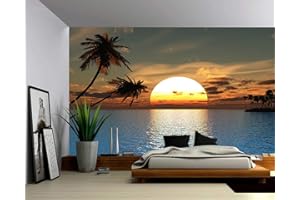 Picture Sensations Canvas Texture Wall Mural, Seascape Tropical Sunset Ocean Palm Tree, Self-Adhesive Vinyl Wallpaper, Peel &