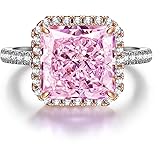 GONA 5CT Pink Diamond Ring Anniversary For Women VVS Brilliant Cut Halo 10X10MM Tarnish Resistant Silver Elegant Cocktail Rings Handmade Perfect For Christmas Engagement And Birthday Gifts