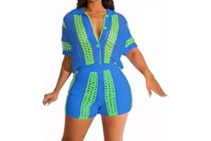 VOIKERDR Women 2 Piece Outfits Crochet Shorts Set Beach Vacation Outfits Short Sleeve Shirt and Shorts Summer Sets