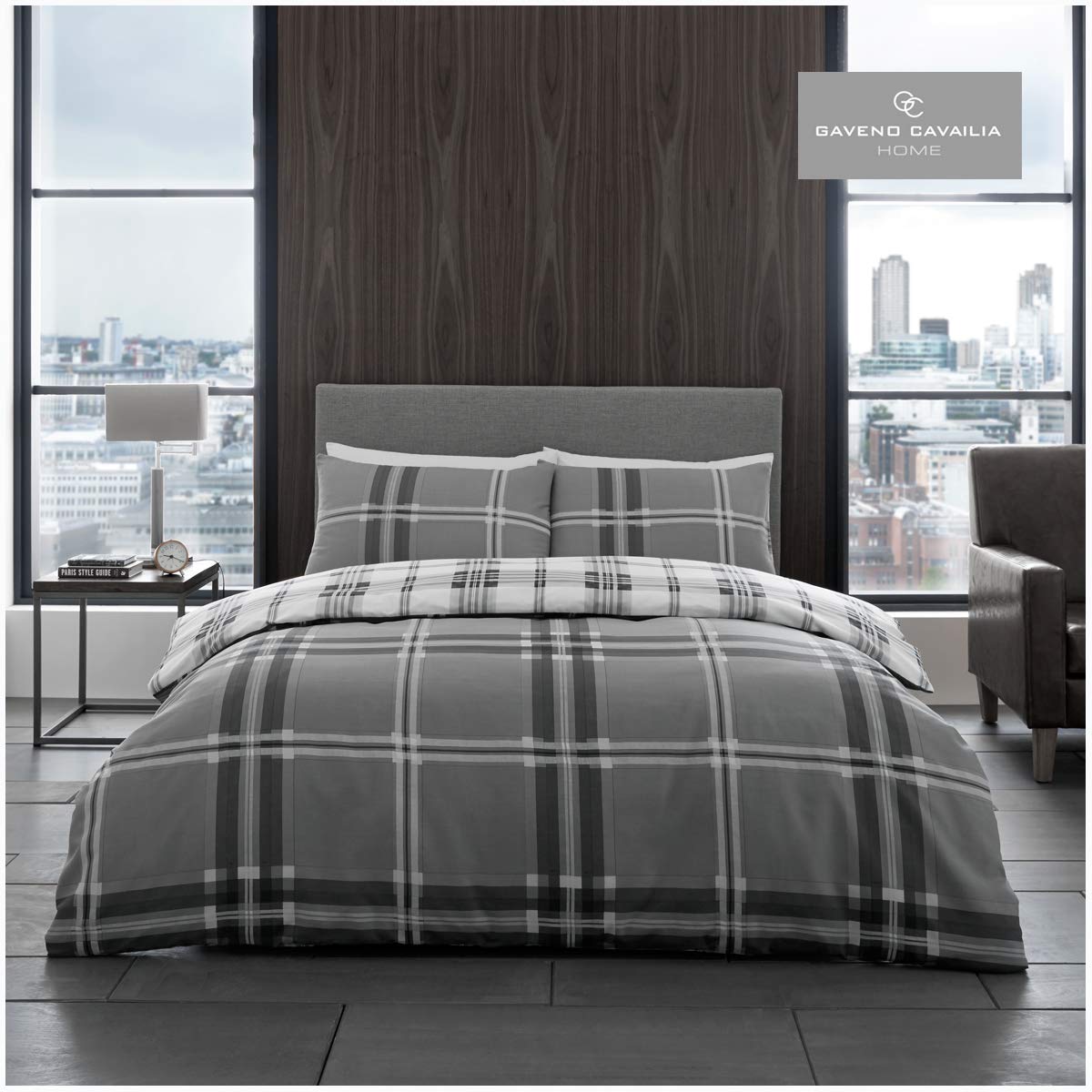 Gaveno Cavailia Bardsley Check King Duvet Set Bedding Grey, 3 Piece Cotton Blend Reversible Printed Bedlinen, Easy Care Bedset, 1 Quilt Cover + 2 Pillow Cases
