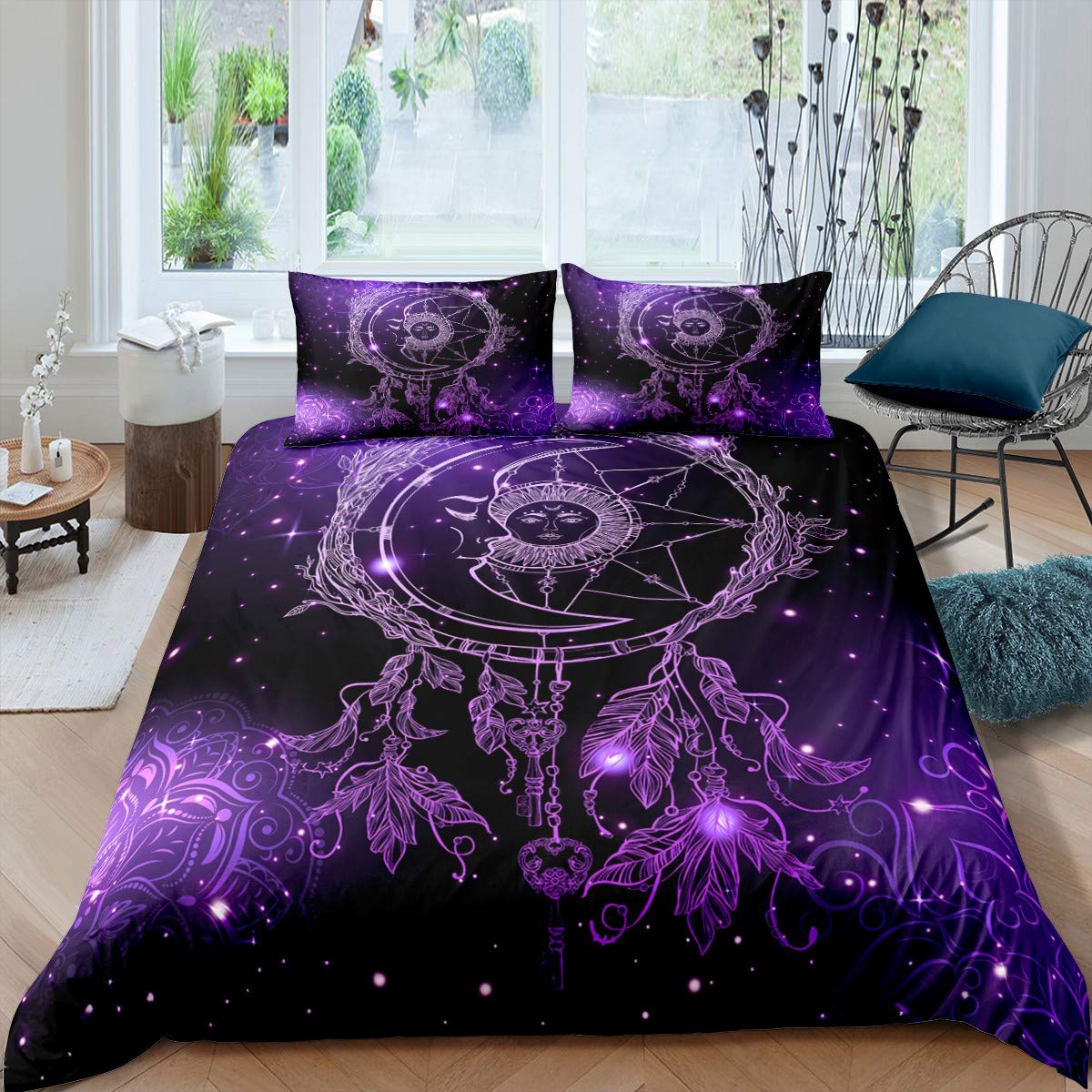 Bohemian Dreamcatcher Bedding Set Galaxy Sun and Moon Duvet Cover for Kids Girls Adults Boho Tribal Comforter Cover Universe Nebula Bedspread Cover Bedroom 3Pcs Super King(No Comforter)Size,Purple — image 1
